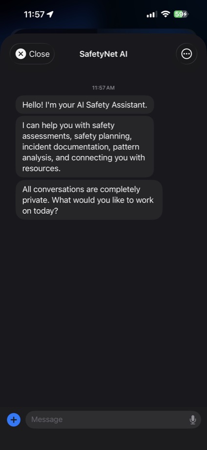 ASafetyNet AI assistant chat interface with private assistant messages