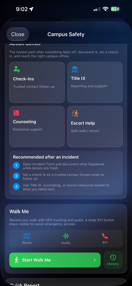 ASafetyNet Campus Safety action center with check-ins, Title IX, counseling, escort help, and Walk Me