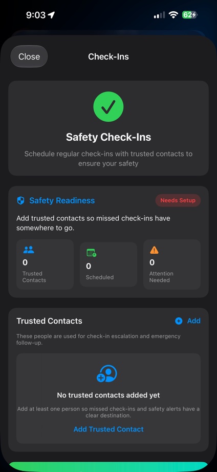 ASafetyNet safety check-ins screen with trusted contact setup and readiness status