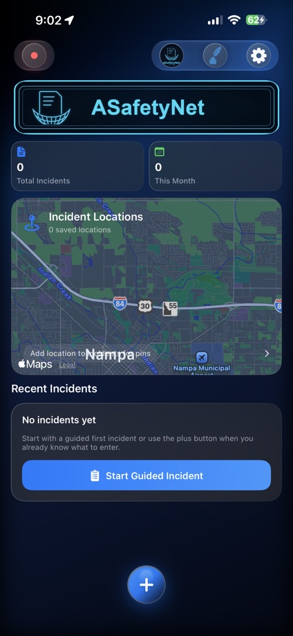 ASafetyNet dashboard with incident map, recent incidents, and guided incident button