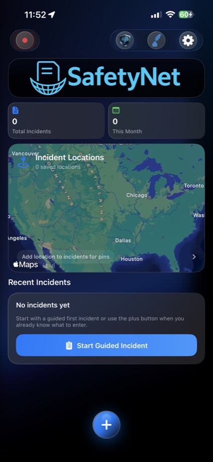 ASafetyNet dashboard with incident map and guided incident button