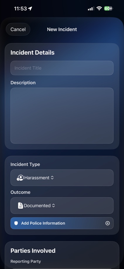 ASafetyNet new incident form with incident details, incident type, outcome, and parties involved