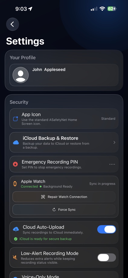 ASafetyNet settings screen with iCloud backup, Apple Watch sync, auto-upload, and low-alert recording controls